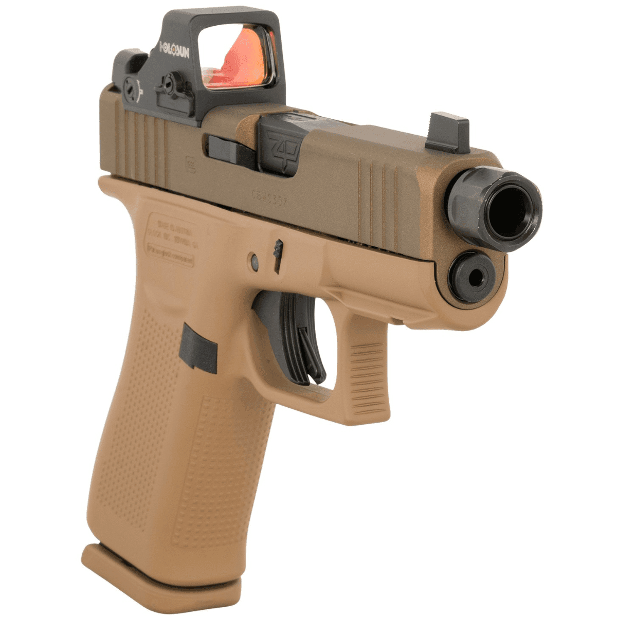 Glock G43X MOS Pistol, 3.41" Threaded Barrel FDE Cerakote MOS Cut/Serrated Steel Slide FDE Cerakote Polymer Frame w/Front Rail Black Textured Polymer Grip Holosun HS 407K Red Dot Slim Sub-Compact Frame 10+1rd 9mm Luger - PX4350204FRMOSNINO2 Glock G43X MOS Pistol, 3.41" Threaded Barrel FDE Cerakote MOS Cut/Serrated Steel Slide FDE Cerakote Polymer Frame w/Front Rail Black Textured Polymer Grip Holosun HS 407K Red Dot Slim Sub-Compact Frame 10+1rd 9mm Luger - PX4350204FRMOSNINO2
