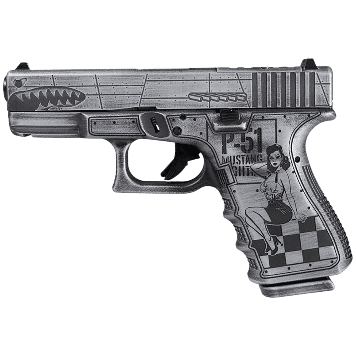 Glock G43X P-51 Mustang Pistol, 3.41" Black GMB Barrel Distressed Gray Cerakote Flying Tiger-Style Cut Steel Slide Bomber Engraved Distressed Gray Cerakote Polymer Frame Distressed Gray Textured w/Pin-up Girl Grip 10+1rd 9mm - UX4350204NP51M Glock G43X P-51 Mustang Pistol, 3.41" Black GMB Barrel Distressed Gray Cerakote Flying Tiger-Style Cut Steel Slide Bomber Engraved Distressed Gray Cerakote Polymer Frame Distressed Gray Textured w/Pin-up Girl Grip 10+1rd 9mm - UX4350204NP51M