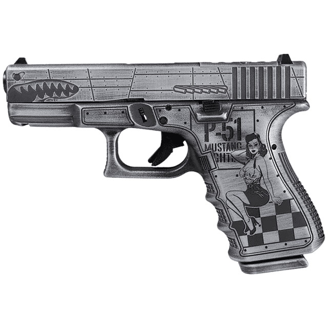 Glock G43X P-51 Mustang Pistol, 3.41" Black GMB Barrel Distressed Gray Cerakote Flying Tiger-Style Cut Steel Slide Bomber Engraved Distressed Gray Cerakote Polymer Frame Distressed Gray Textured w/Pin-up Girl Grip 10+1rd 9mm - UX4350204NP51M Glock G43X P-51 Mustang Pistol, 3.41" Black GMB Barrel Distressed Gray Cerakote Flying Tiger-Style Cut Steel Slide Bomber Engraved Distressed Gray Cerakote Polymer Frame Distressed Gray Textured w/Pin-up Girl Grip 10+1rd 9mm - UX4350204NP51M