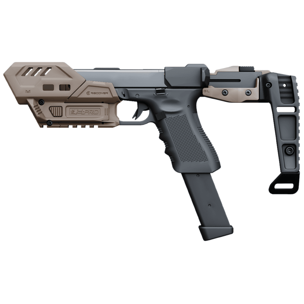 Recover Tactical S-Pro MG Conversion Kit, Tan Polymer S-Pro Frame/ Buttstock / Stabilizer/ Charging Handle/ Forward Mag Pouch/ Cheek Riser/ Metal Upper Rail For Glock - SPROMGB02 Recover Tactical S-Pro MG Conversion Kit, Tan Polymer S-Pro Frame/ Buttstock / Stabilizer/ Charging Handle/ Forward Mag Pouch/ Cheek Riser/ Metal Upper Rail For Glock - SPROMGB02