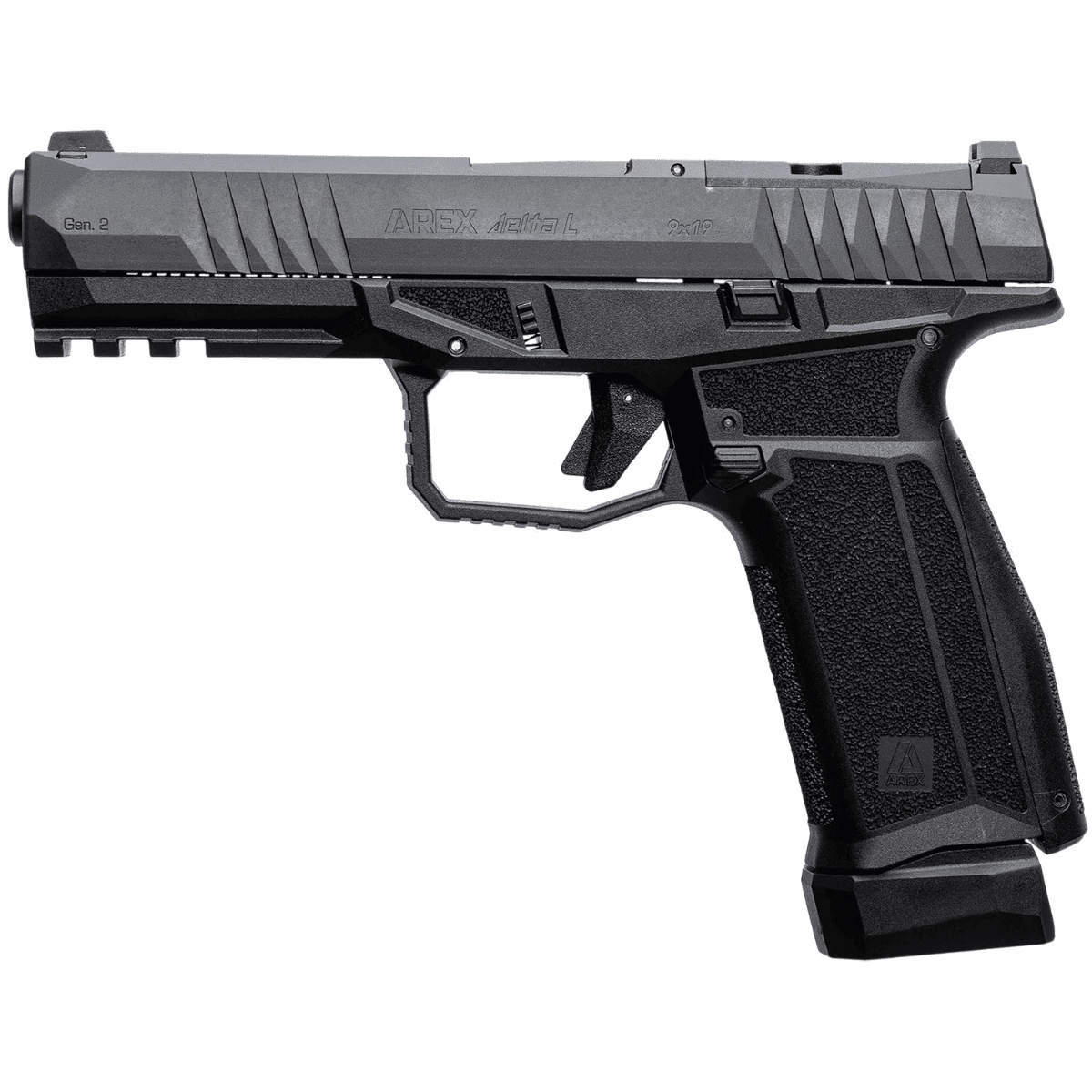 AREX Delta L Gen2 Pistol, 4.50" Black Steel Barrel Black Nitride Steel Optic Cut/Serrated Slide Black Polymer Frame w/Picatinny Rail Black Stippled Grip Ambidextrous Full Size Frame 17+1rd 9mm Luger - 815537023893 AREX Delta L Gen2 Pistol, 4.50" Black Steel Barrel Black Nitride Steel Optic Cut/Serrated Slide Black Polymer Frame w/Picatinny Rail Black Stippled Grip Ambidextrous Full Size Frame 17+1rd 9mm Luger - 815537023893