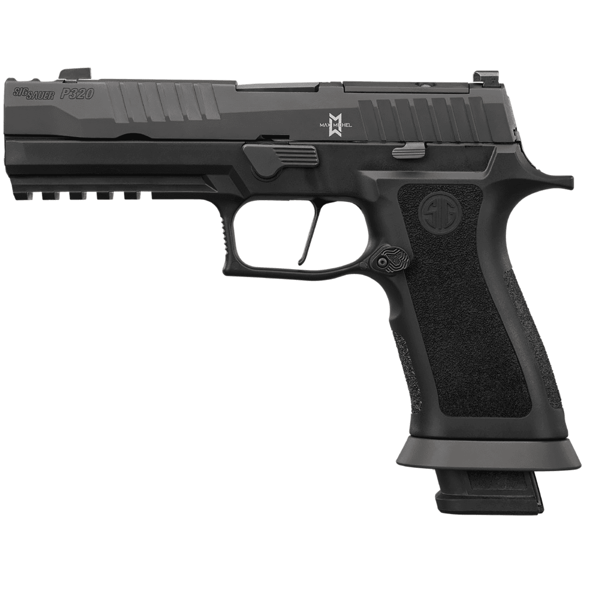 Sig Sauer P320XF M.O.D. Pistol, 3.90" Black Steel Barrel Matte Black DLC Optic Cut/Ported/Serrated Stainless Steel Slide&Frame w/Beavertail&Picatinny Rail Black XSeries Grip&Hogue Michael Edition Wraptor Grip Full Size Frame 10+1rd 9mm - 320XF9MAXM10 Sig Sauer P320XF M.O.D. Pistol, 3.90" Black Steel Barrel Matte Black DLC Optic Cut/Ported/Serrated Stainless Steel Slide&Frame w/Beavertail&Picatinny Rail Black XSeries Grip&Hogue Michael Edition Wraptor Grip Full Size Frame 10+1rd 9mm - 320XF9MAXM10