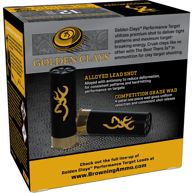 Browning Ammo Golden Clays Shotshells, 2.75" 1 1/8oz 7.5Shot 25 Per Box/10 Case 12 Gauge - BGC12M7 Browning Ammo Golden Clays Shotshells, 2.75" 1 1/8oz 7.5Shot 25 Per Box/10 Case 12 Gauge - BGC12M7