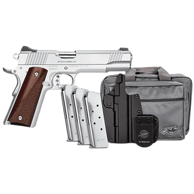 Kimber Mfg, Inc Stainless LW Bundle Pistol, 5" Match Grade Barrel Stainless Steel Serrated Slide Aluminum Frame Red Fiber Optic Front / White Dot Rear Sights 8+1rd 45 ACP - 3700852 Kimber Mfg, Inc Stainless LW Bundle Pistol, 5" Match Grade Barrel Stainless Steel Serrated Slide Aluminum Frame Red Fiber Optic Front / White Dot Rear Sights 8+1rd 45 ACP - 3700852