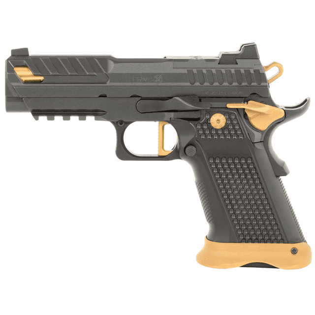 Fusion Firearms XP Pro Pistol, 4" Gold Bull Barrel Black Steel Optic Cut/Serrated/Vent Cut Slide Black w/Gold Accents Steel Frame w/Picatinny Rail Black Aluminum Grip RMR Footprint Sports South Exclusive 17+1rd 9mm Luger - XP9BLKG Fusion Firearms XP Pro Pistol, 4" Gold Bull Barrel Black Steel Optic Cut/Serrated/Vent Cut Slide Black w/Gold Accents Steel Frame w/Picatinny Rail Black Aluminum Grip RMR Footprint Sports South Exclusive 17+1rd 9mm Luger - XP9BLKG