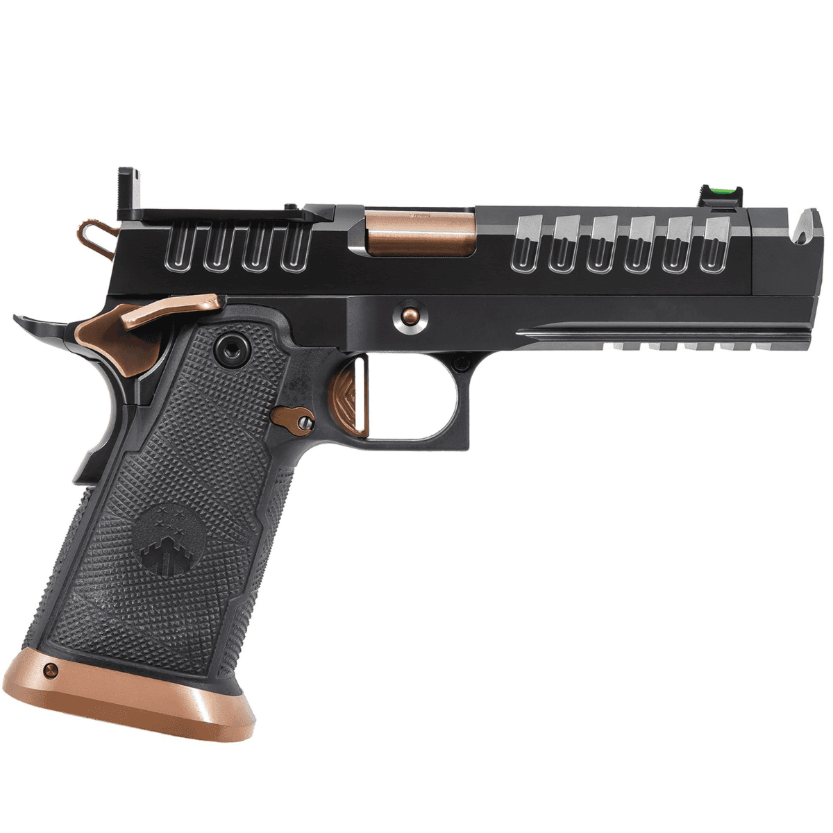 Watchtower Firearms Apache Pistol, 4.60" Copper Threaded Barrel Graphite PVD Optic Cut/Serrated Steel Slide Graphite PVD Stainless Steel Frame w/Beavertail & Picatinny Rail Black Kelvar/Carbon Fiber Grip Full Size Frame 21+1rd 9mm - APACHE9MM46CPR Watchtower Firearms Apache Pistol, 4.60" Copper Threaded Barrel Graphite PVD Optic Cut/Serrated Steel Slide Graphite PVD Stainless Steel Frame w/Beavertail & Picatinny Rail Black Kelvar/Carbon Fiber Grip Full Size Frame 21+1rd 9mm - APACHE9MM46CPR
