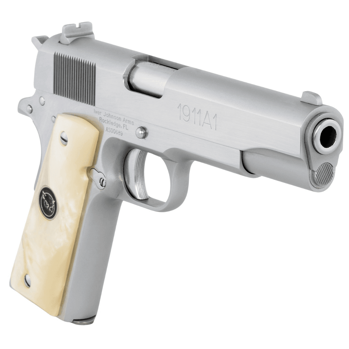 Iver Johnson Arms 1911A1 Pistol, 5" Stainless Steel Barrel Bright Polish Chrome Serrated Stainless Steel Slide Pearl Grips 8+1rd 38 Super - 1911A138CHRWP Iver Johnson Arms 1911A1 Pistol, 5" Stainless Steel Barrel Bright Polish Chrome Serrated Stainless Steel Slide Pearl Grips 8+1rd 38 Super - 1911A138CHRWP