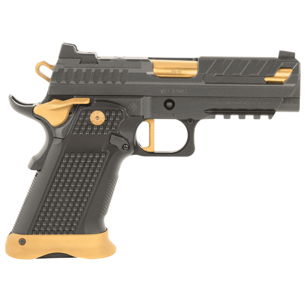 Fusion Firearms XP Pro Sports South Exclusive Pistol, 4" Gold Bull Barrel, Black Steel Optic Cut/Serrated/Vent Cut Slide Black w/Gold Accents Steel Frame w/Picatinny Rail Black Aluminum Grip RMR Footprint 10+1rd 9mm Luger - XP9BLKG10 Fusion Firearms XP Pro Sports South Exclusive Pistol, 4" Gold Bull Barrel, Black Steel Optic Cut/Serrated/Vent Cut Slide Black w/Gold Accents Steel Frame w/Picatinny Rail Black Aluminum Grip RMR Footprint 10+1rd 9mm Luger - XP9BLKG10