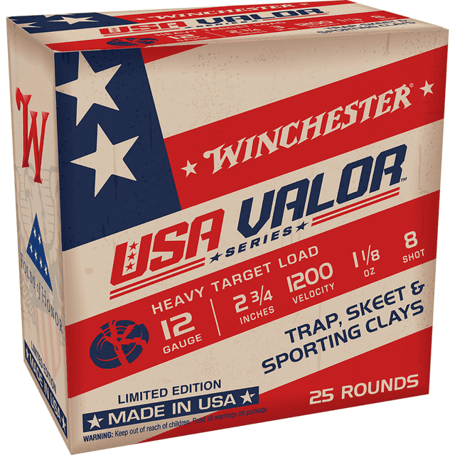 Winchester Ammo USA Valor Shot Shells, 2.75" 1 1/8oz 8Shot 25 Per Box/10 Case 12 Gauge - USAV128 Winchester Ammo USA Valor Shot Shells, 2.75" 1 1/8oz 8Shot 25 Per Box/10 Case 12 Gauge - USAV128