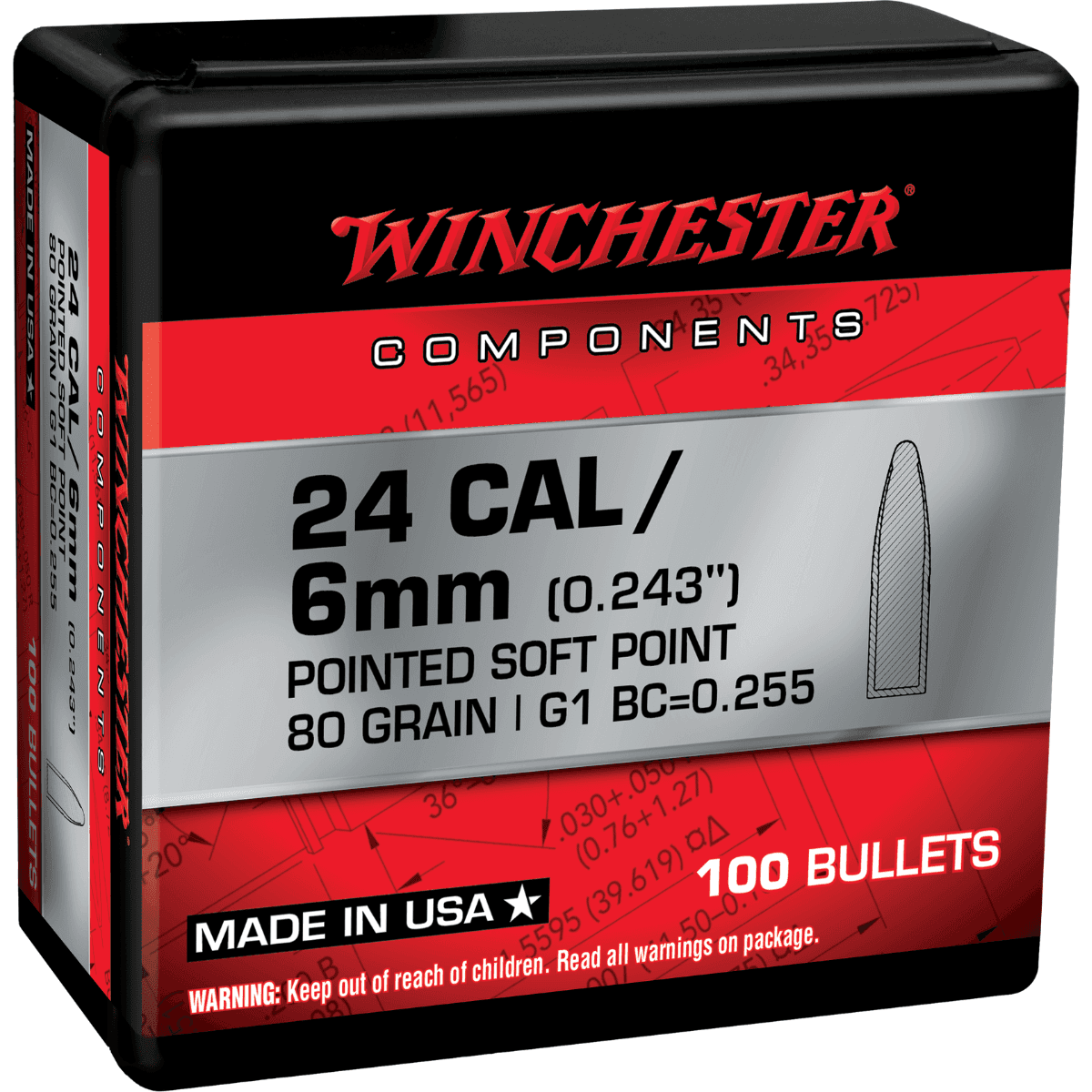 Winchester Ammo Centerfire Rifle Bullets, 80gr Pointed Soft Point 100 Per Box/10 Case 243 Win - WB243SP80X Winchester Ammo Centerfire Rifle Bullets, 80gr Pointed Soft Point 100 Per Box/10 Case 243 Win - WB243SP80X