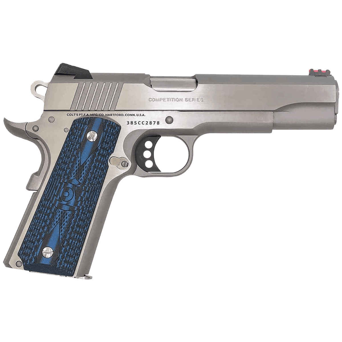Colt Mfg Government Competition Pistol, 5" Stainless National Match Barrel Serrated Slide & Frame w/Beavertail Checkered Blue G10 Grip Ambidextrous 9+1rd 38 Super - O1073CCS Colt Mfg Government Competition Pistol, 5" Stainless National Match Barrel Serrated Slide & Frame w/Beavertail Checkered Blue G10 Grip Ambidextrous 9+1rd 38 Super - O1073CCS