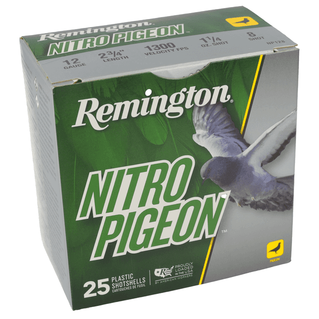 Remington Ammunition Nitro Pigeon 12 Gauge 2.75" 1 1/4 oz 8 Shot 25 Per Box R28682 Remington Ammunition Nitro Pigeon 12 Gauge 2.75" 1 1/4 oz 8 Shot 25 Per Box R28682