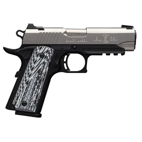 Browning 1911-380 Black Label Pro Compact with Rail Single 380 Automatic Colt Pistol (ACP) FO 3.62" 8+1 Black G10 Grip Stainless Steel Browning 1911-380 Black Label Pro Compact with Rail Single 380 Automatic Colt Pistol (ACP) FO 3.62" 8+1 Black G10 Grip Stainless Steel