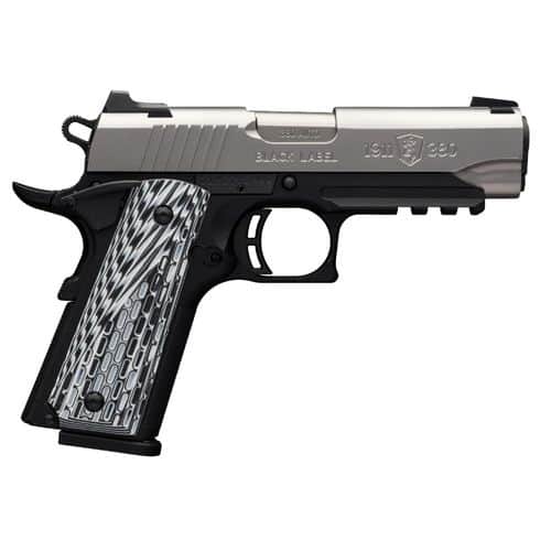 Browning 1911-380 Black Label Pro Compact with Rail Single 380 Automatic Colt Pistol (ACP) FO 3.62" 8+1 Black G10 Grip Stainless Steel Browning 1911-380 Black Label Pro Compact with Rail Single 380 Automatic Colt Pistol (ACP) FO 3.62" 8+1 Black G10 Grip Stainless Steel