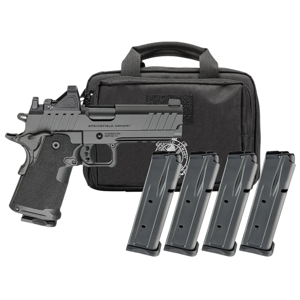 Springfield Armory 1911 DS Prodigy Gear Pac Compact 9mm Luger 15+1 4.25" Black DLC Match Grade Barrel PH9116AOSPAC Springfield Armory 1911 DS Prodigy Gear Pac Compact 9mm Luger 15+1 4.25" Black DLC Match Grade Barrel PH9116AOSPAC