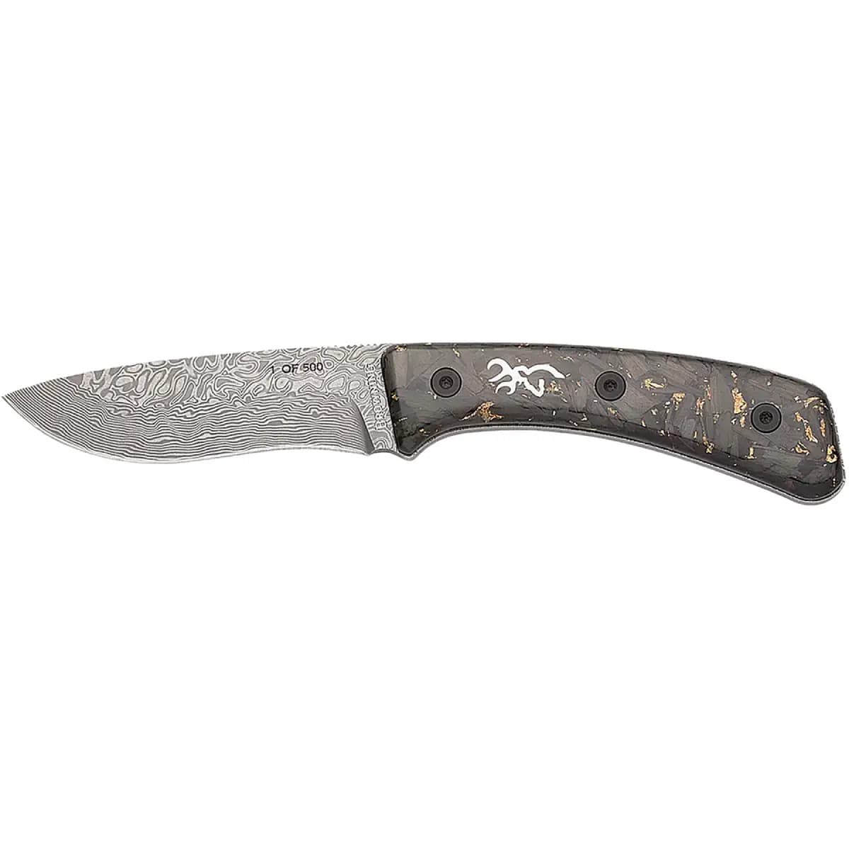 Browning Rock 3.50" Fixed Drop Point Plain Acid Etch Damascus Blade, Carbon Fiber Handle 3220570B Browning Rock 3.50" Fixed Drop Point Plain Acid Etch Damascus Blade, Carbon Fiber Handle 3220570B