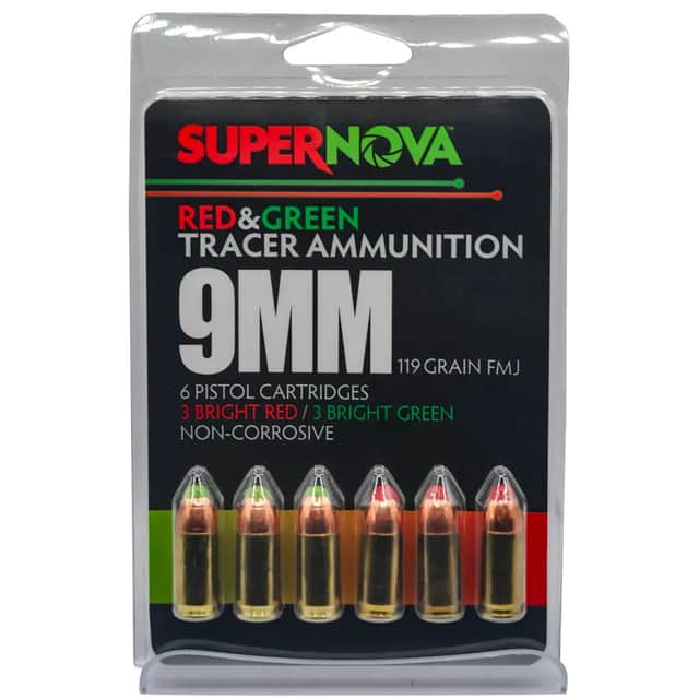 Piney Mountain Ammunition Green/Red Tracer 9mmLuger 119Gr Full Metal Jacket 6 Per Box PMSN9MMMP Piney Mountain Ammunition Green/Red Tracer 9mmLuger 119Gr Full Metal Jacket 6 Per Box PMSN9MMMP