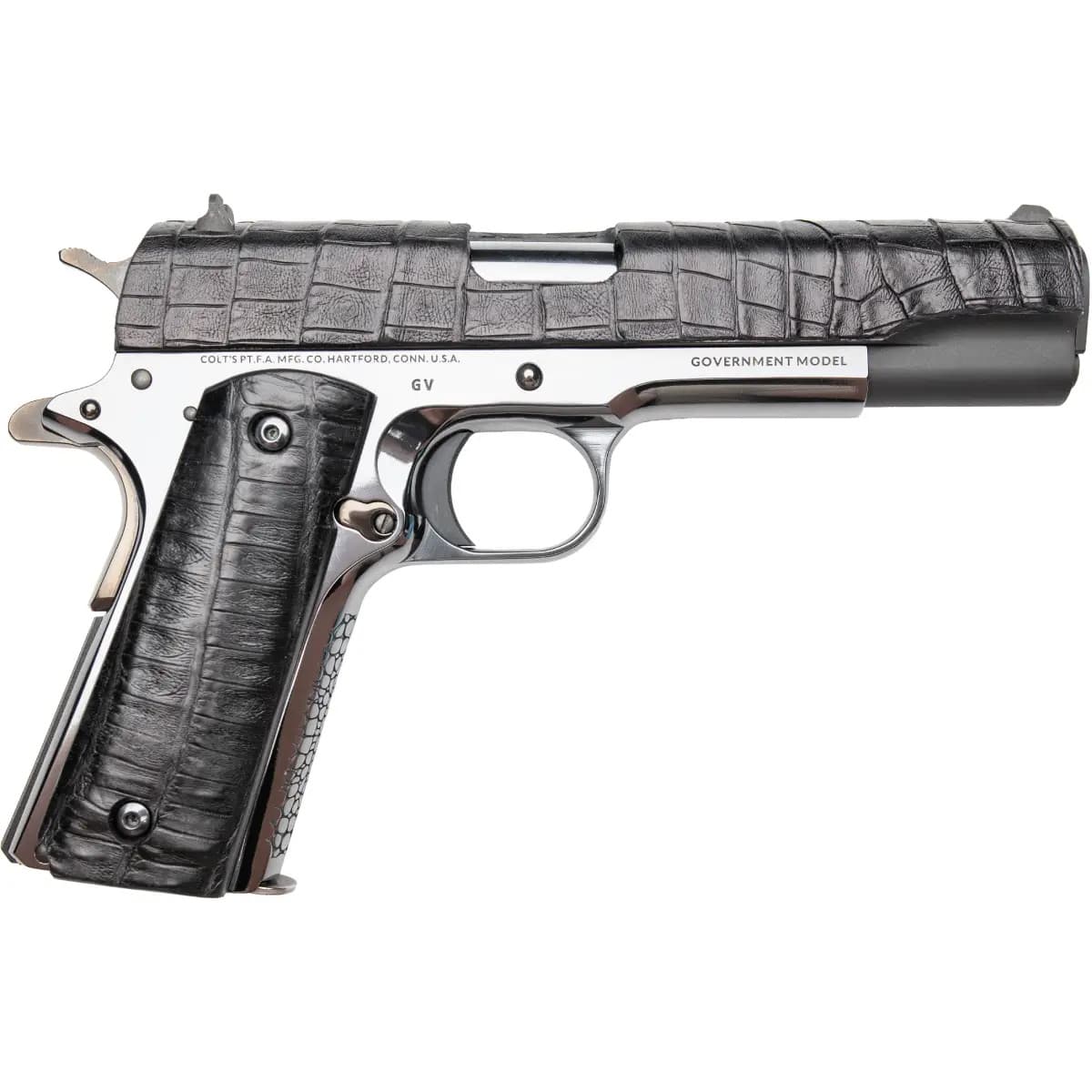 Cnc Firearms Colt Government Gator Sports South Exclusive 45 ACP 7+1 5" Stainless Match Grade Barrel, Black Alligator Leather CNCGATOR45 Cnc Firearms Colt Government Gator Sports South Exclusive 45 ACP 7+1 5" Stainless Match Grade Barrel, Black Alligator Leather CNCGATOR45