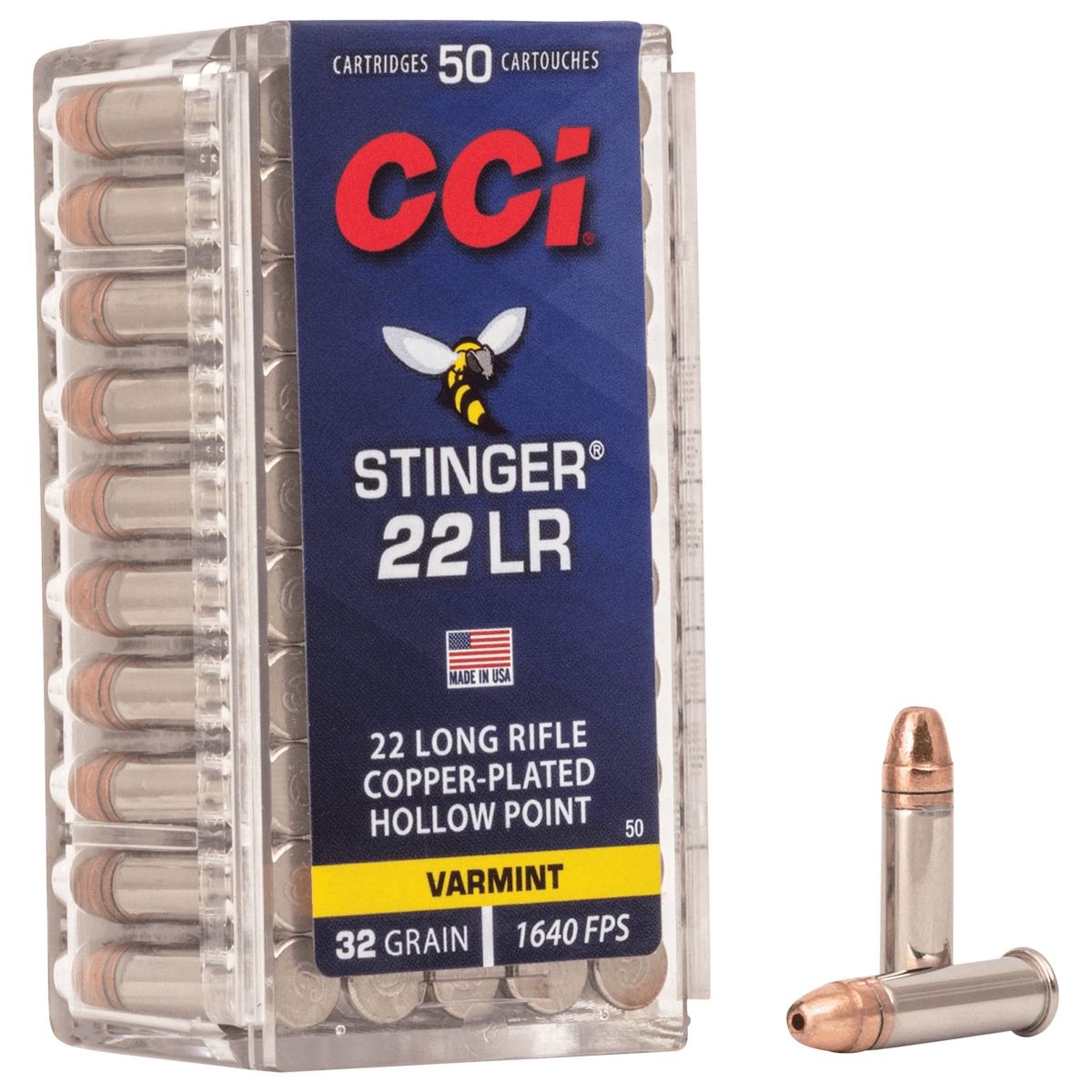 CCI Stinger 22LR 32GR Copper Plated Hollow Point Varmint 50RDS CCI Stinger 22LR 32GR Copper Plated Hollow Point Varmint 50RDS