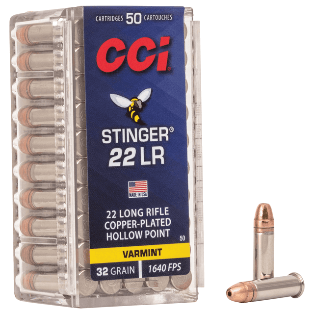 CCI Stinger 22LR 32GR Copper Plated Hollow Point Varmint 50RDS CCI Stinger 22LR 32GR Copper Plated Hollow Point Varmint 50RDS