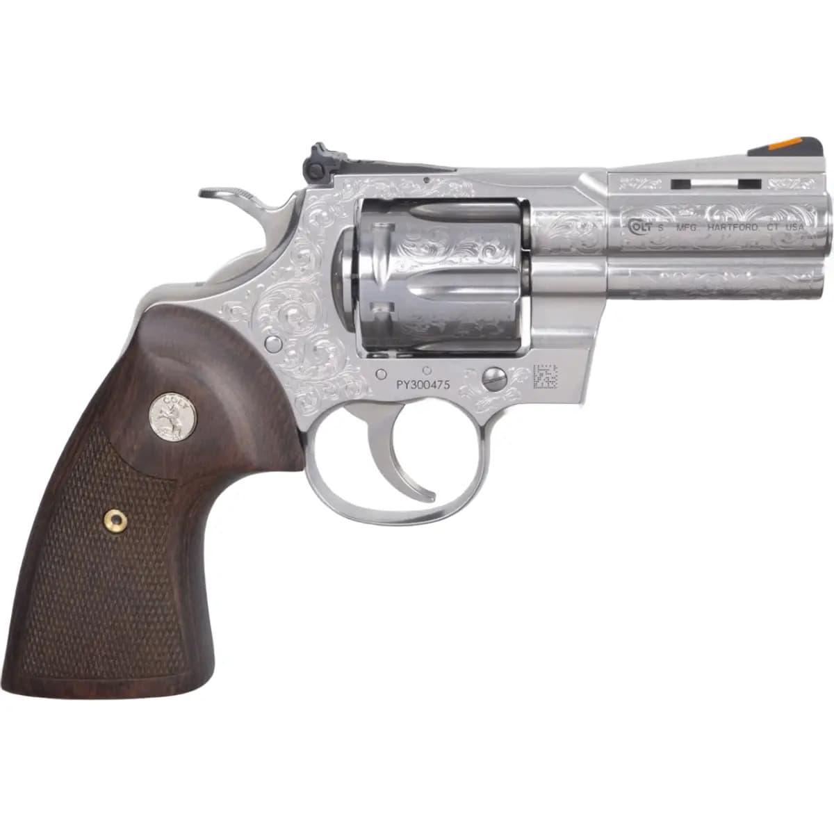 Colt Mfg Python 357 Mag 6rd Shot 3" Stainless Steel Barrel, Cylinder& Frame, Walnut Grip w/Medallion PYTHONSP3WSSE Colt Mfg Python 357 Mag 6rd Shot 3" Stainless Steel Barrel, Cylinder& Frame, Walnut Grip w/Medallion PYTHONSP3WSSE