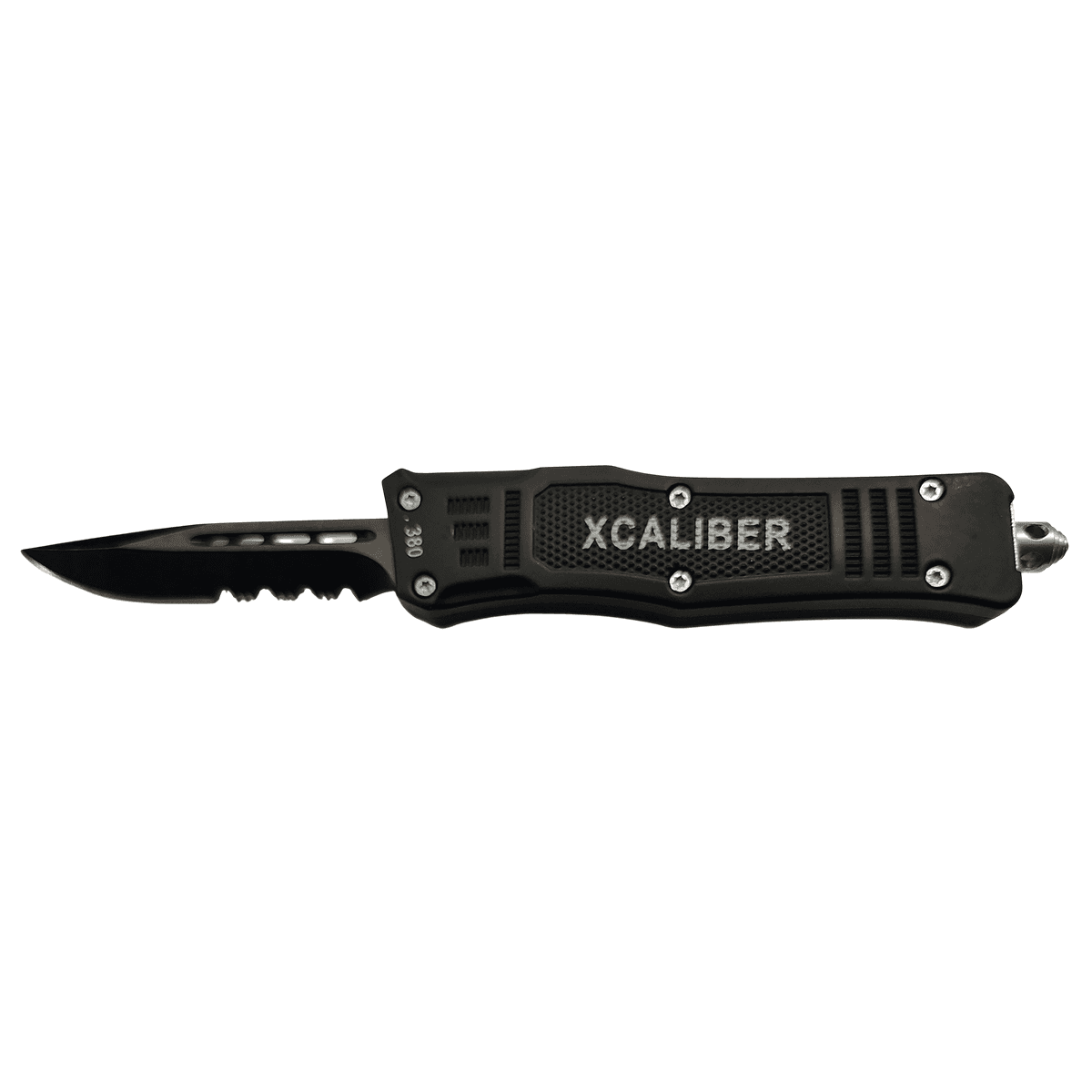 Xcaliber Knife Company 380 ACP Small 2.75" OTF Part Serrated Black 440C SS Blade, 3.91" Steel Handle Xcaliber Knife Company 380 ACP Small 2.75" OTF Part Serrated Black 440C SS Blade, 3.91" Steel Handle