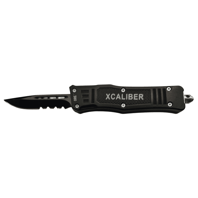 Xcaliber Knife Company 380 ACP Small 2.75" OTF Part Serrated Black 440C SS Blade, 3.91" Steel Handle Xcaliber Knife Company 380 ACP Small 2.75" OTF Part Serrated Black 440C SS Blade, 3.91" Steel Handle