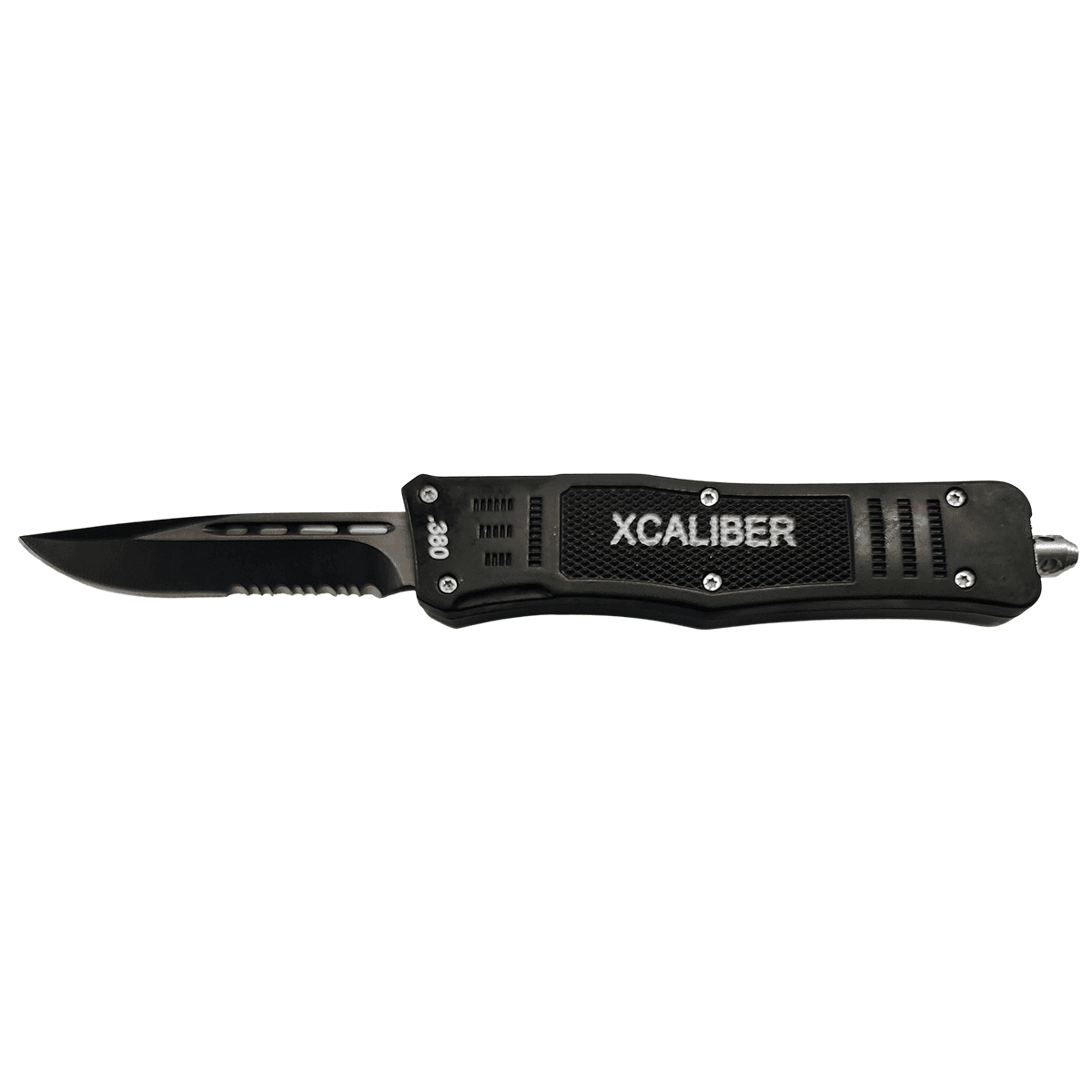 Xcaliber Knife Company 380 ACP Medium 3.25" OTF Part Serrated Black 440C SS Blade, 4.64" Steel Handle Xcaliber Knife Company 380 ACP Medium 3.25" OTF Part Serrated Black 440C SS Blade, 4.64" Steel Handle