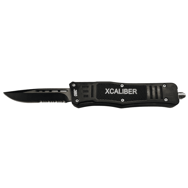 Xcaliber Knife Company 380 ACP Medium 3.25" OTF Part Serrated Black 440C SS Blade, 4.64" Steel Handle Xcaliber Knife Company 380 ACP Medium 3.25" OTF Part Serrated Black 440C SS Blade, 4.64" Steel Handle