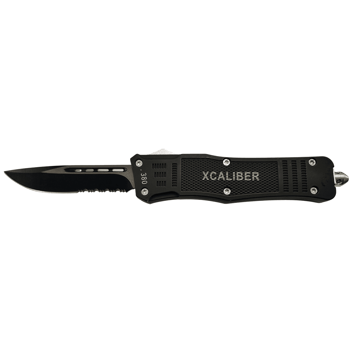 Xcaliber Knife Company 380 ACP Large 3.80" OTF Part Serrated Black 440C SS Blade, 5.30" Steel Handle Xcaliber Knife Company 380 ACP Large 3.80" OTF Part Serrated Black 440C SS Blade, 5.30" Steel Handle