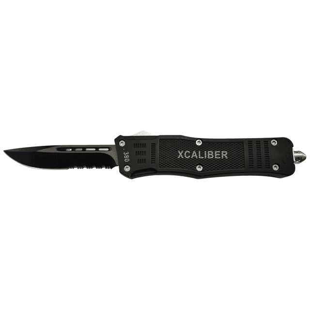 Xcaliber Knife Company 380 ACP Large 3.80" OTF Part Serrated Black 440C SS Blade, 5.30" Steel Handle Xcaliber Knife Company 380 ACP Large 3.80" OTF Part Serrated Black 440C SS Blade, 5.30" Steel Handle