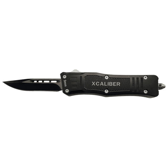 Xcaliber Knife Company 9mm Small 2.75" OTF Drop Point Black 440C SS Blade, 3.91" Steel Handle Xcaliber Knife Company 9mm Small 2.75" OTF Drop Point Black 440C SS Blade, 3.91" Steel Handle