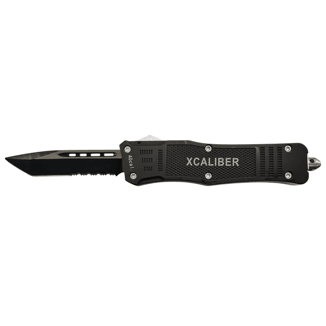 Xcaliber Knife Company 40 Cal Large 3.80" OTF Tanto Part Serrated Black 440C SS Blade, 5.30" Steel Handle Xcaliber Knife Company 40 Cal Large 3.80" OTF Tanto Part Serrated Black 440C SS Blade, 5.30" Steel Handle