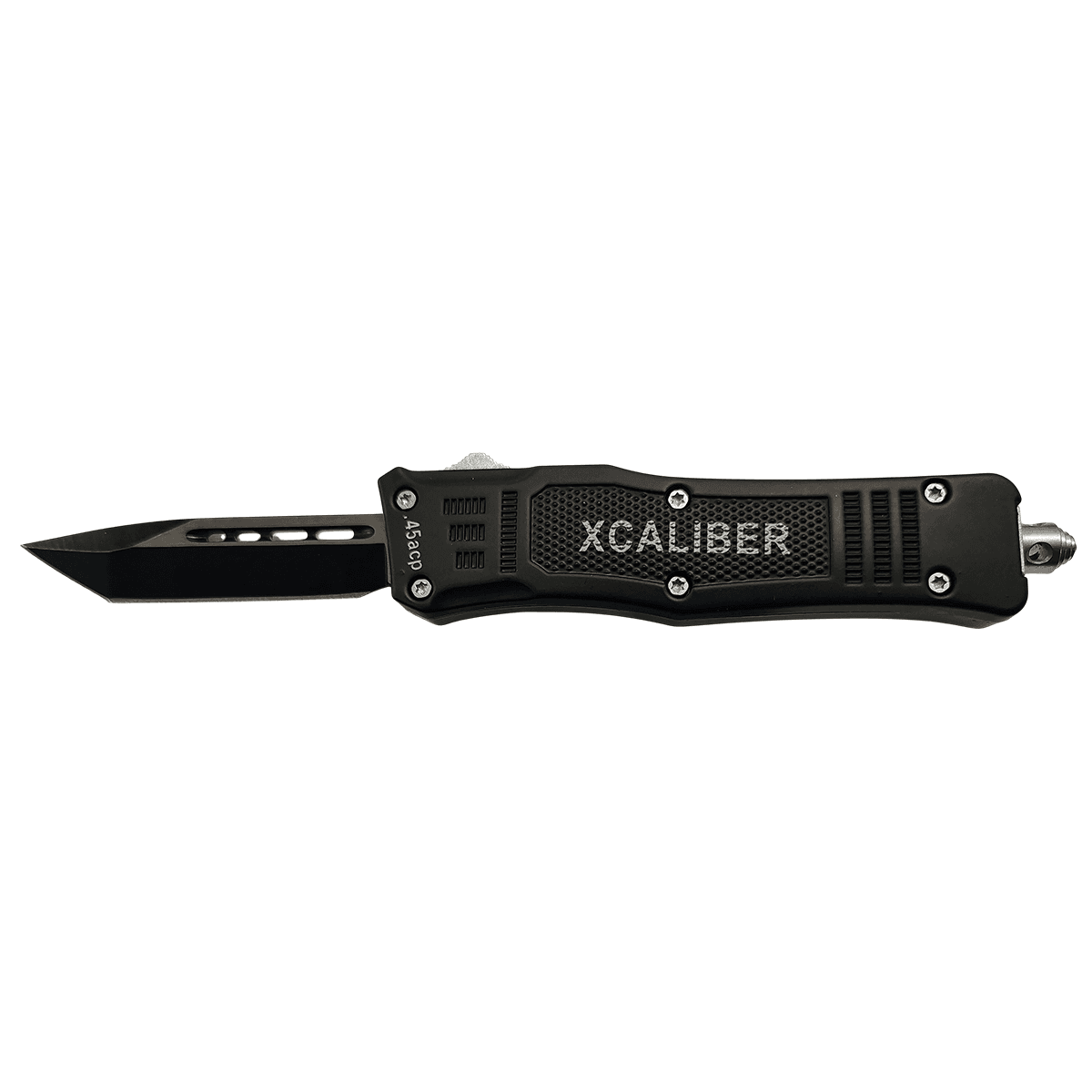 Xcaliber Knife Company 45 ACP Small 2.75" OTF Tanto Plain Black 440C SS Blade, 3.91" Steel Handle Xcaliber Knife Company 45 ACP Small 2.75" OTF Tanto Plain Black 440C SS Blade, 3.91" Steel Handle