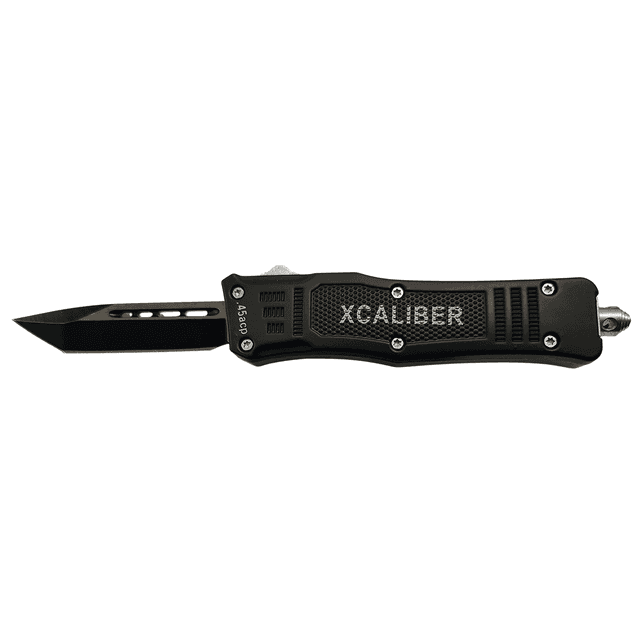 Xcaliber Knife Company 45 ACP Small 2.75" OTF Tanto Plain Black 440C SS Blade, 3.91" Steel Handle Xcaliber Knife Company 45 ACP Small 2.75" OTF Tanto Plain Black 440C SS Blade, 3.91" Steel Handle