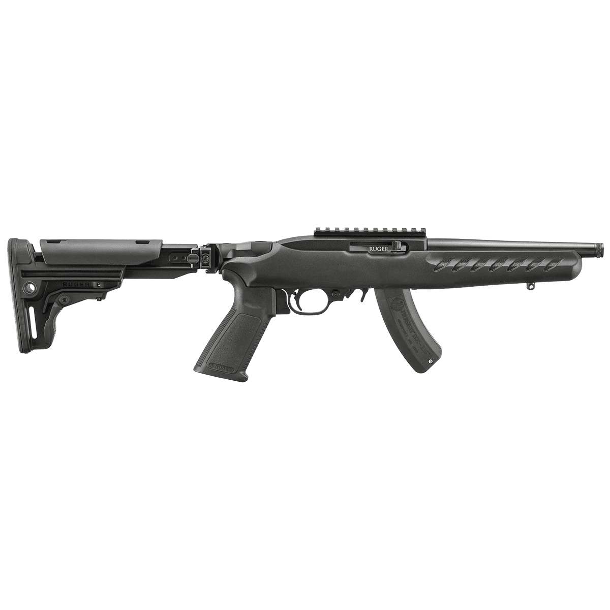 Ruger 33000 10/22 SBR 22 LR 15+1 8" Matte Black Threaded Barrel, Black Receiver w/Picatinny Rail, Black Folding/Reversible Polymer Stock, Polymer Grip Ruger 33000 10/22 SBR 22 LR 15+1 8" Matte Black Threaded Barrel, Black Receiver w/Picatinny Rail, Black Folding/Reversible Polymer Stock, Polymer Grip