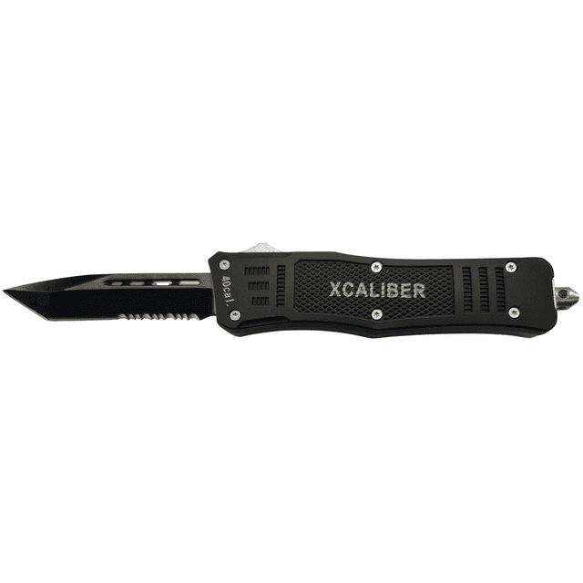 Xcaliber Knife Company 40 Cal Medium 3.25" OTF Tanto Part Serrated 440C SS Blade, 4.64" Steel Handle Xcaliber Knife Company 40 Cal Medium 3.25" OTF Tanto Part Serrated 440C SS Blade, 4.64" Steel Handle