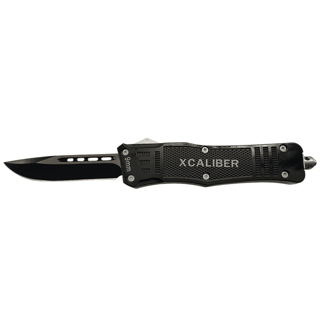 Xcaliber Knife Company 9mm Large 3.80" OTF Drop Point Black 440C SS Blade, 5.30" Steel Handle Xcaliber Knife Company 9mm Large 3.80" OTF Drop Point Black 440C SS Blade, 5.30" Steel Handle