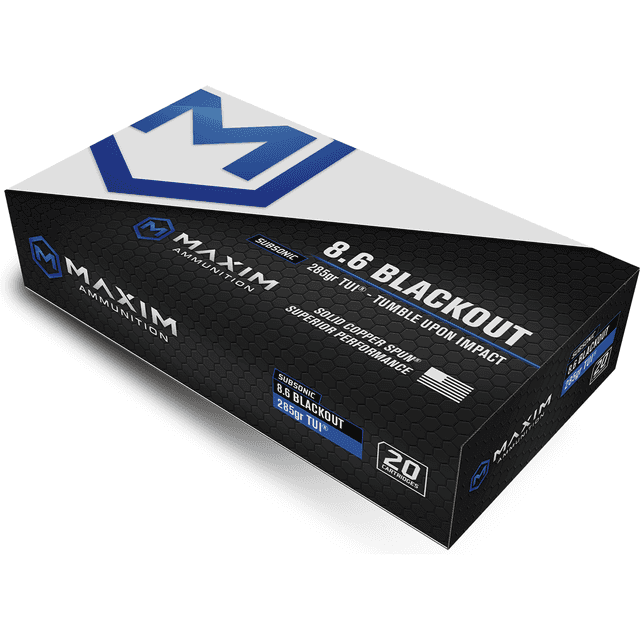 Maxim Defense MXM49143 Tumble Upon Impact (TUI) Subsonic 8.6Blackout 285gr Solid Copper Spun 20 Per Box Maxim Defense MXM49143 Tumble Upon Impact (TUI) Subsonic 8.6Blackout 285gr Solid Copper Spun 20 Per Box
