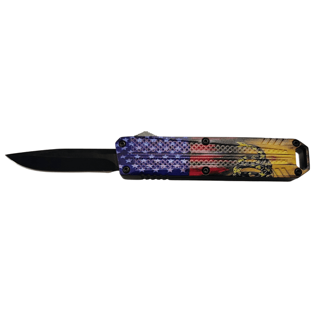 Xcaliber Knife Company Don't Tread on Me Small 2.75" OTF Drop Point Plain Black 440C SS Blade, 4.15" US Flag Aluminum Handle Xcaliber Knife Company Don't Tread on Me Small 2.75" OTF Drop Point Plain Black 440C SS Blade, 4.15" US Flag Aluminum Handle