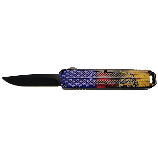 Xcaliber Knife Company Don't Tread on Me Medium 3.20" OTF Drop Point Plain Black 440C SS Blade, 4.80" US Flag Aluminum Handle Xcaliber Knife Company Don't Tread on Me Medium 3.20" OTF Drop Point Plain Black 440C SS Blade, 4.80" US Flag Aluminum Handle
