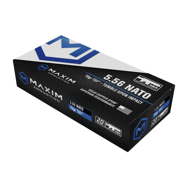Maxim Defense MXM49002 Tumble Upon Impact (TUI) 5.56NATO 70gr Solid Copper Spun 20 Per Box Maxim Defense MXM49002 Tumble Upon Impact (TUI) 5.56NATO 70gr Solid Copper Spun 20 Per Box